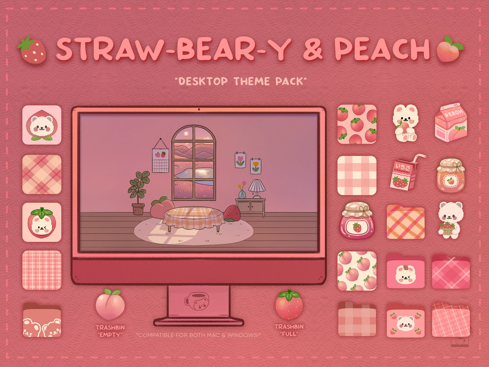 Strawberry Peach Desktop Theme: Wallpaper, Icons (digital Download) - Etsy