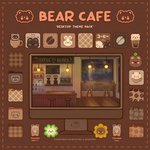 Desktop Theme Pack  | Bear Cafe | Mac & Windows | Desktop Organizer | Desktop Wallpaper and Icons | KofiCloudStudio