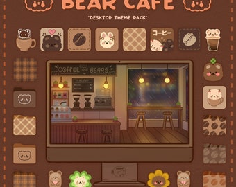 Desktop Theme Pack  | Bear Cafe | Mac & Windows | Desktop Organizer | Desktop Wallpaper and Icons | KofiCloudStudio