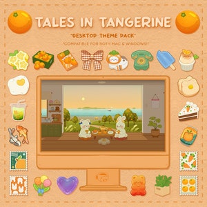 Puede incluir: Una ilustración digital de un paquete de temas de escritorio llamado "Tales in Tangerine". La ilustración presenta una pantalla de computadora con una escena de dibujos animados de dos conejos tomando el té en un patio con vista a una playa. La ilustración está rodeada de varios iconos de dibujos animados, que incluyen frutas, comida y animales.