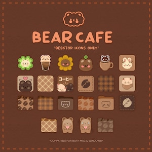 May include: A set of brown and beige desktop icons featuring a bear cafe theme. The icons include a coffee cup, a bear holding a coffee cup, a bear holding a heart, a chequered pattern, a sunflower, a clover, a coffee bean, and a folder.