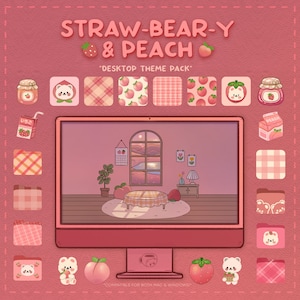 Desktop Theme Pack  | Strawbeary and Peach | Mac & Windows | Desktop Organizer | Desktop Wallpaper and Icons | KofiCloudStudio