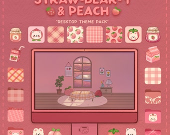 May include: A desktop theme pack with a pink and white colour scheme featuring a cartoon bear, strawberries, and peaches. The pack includes icons, folders, and a desktop background.