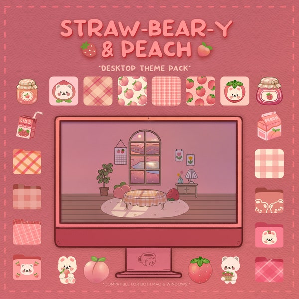 Desktop Theme Pack  | Strawbeary and Peach | Mac & Windows | Desktop Organizer | Desktop Wallpaper and Icons | KofiCloudStudio