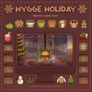 Puede incluir: Una ilustración digital de una acogedora escena de invierno con una chimenea, un árbol de Navidad y un conejo leyendo un libro. La ilustración está rodeada de varios iconos, incluyendo una tetera, un bastón de caramelo, una media, un hombre de jengibre, un muñeco de nieve y un árbol de Navidad. El texto "HYGGE HOLIDAY" y "DESKTOP THEME PACK" se muestra en la parte superior de la imagen. El texto "COMPATIBLE FOR BOTH MAC & WINDOWS!" se muestra en la parte inferior de la imagen.