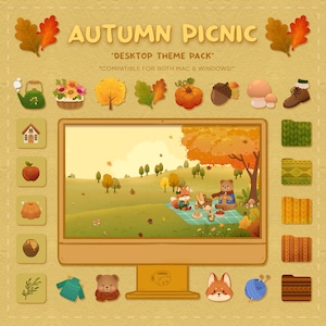 Pack de thèmes pour ordinateur de bureau | Pique-nique d'automne | Mac et Windows | Organiseur de bureau | Papier peint de bureau et icônes | KofiCloudStudio