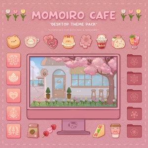 Desktop Theme Pack  | Momoiro Cafe | Mac & Windows | Desktop Organizer | Desktop Wallpaper and Icons | KofiCloudStudio
