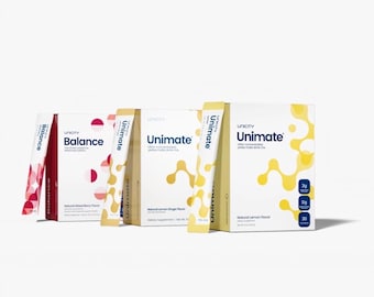 May include: Three Unicity dietary supplement boxes and matching individual stick packets. One box is labeled Balance with red berry graphics, while two are labeled Unimate with yellow molecular patterns in lemon and lemon ginger flavors.