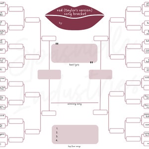 May include: A red (Taylor's Version) song bracket with the title "Red (Taylor's Version) Song Bracket" and the words "Best Lyric" and "Winning Song" in the center. The bracket includes song titles from Taylor Swift's album Red (Taylor's Version) such as "All Too Well (10 Minute Version)", "The Last Time", "State of Grace", "Red", "Treacherous", "Everything Has Changed", "The Lucky One", "I Knew You Were Trouble", "Holy Ground", "Stay Stay Stay", "Begin Again", "22", "Babe", "Forever & Always", "Better Man", "State of Grace (Acoustic Version)", "Girl at Home", "I Bet You Think About Me", "Nothing New", "The Moment I Knew", "The Very First Night", "Message in a Bottle", "Ronan", "Come Back Be Here", and "Run".