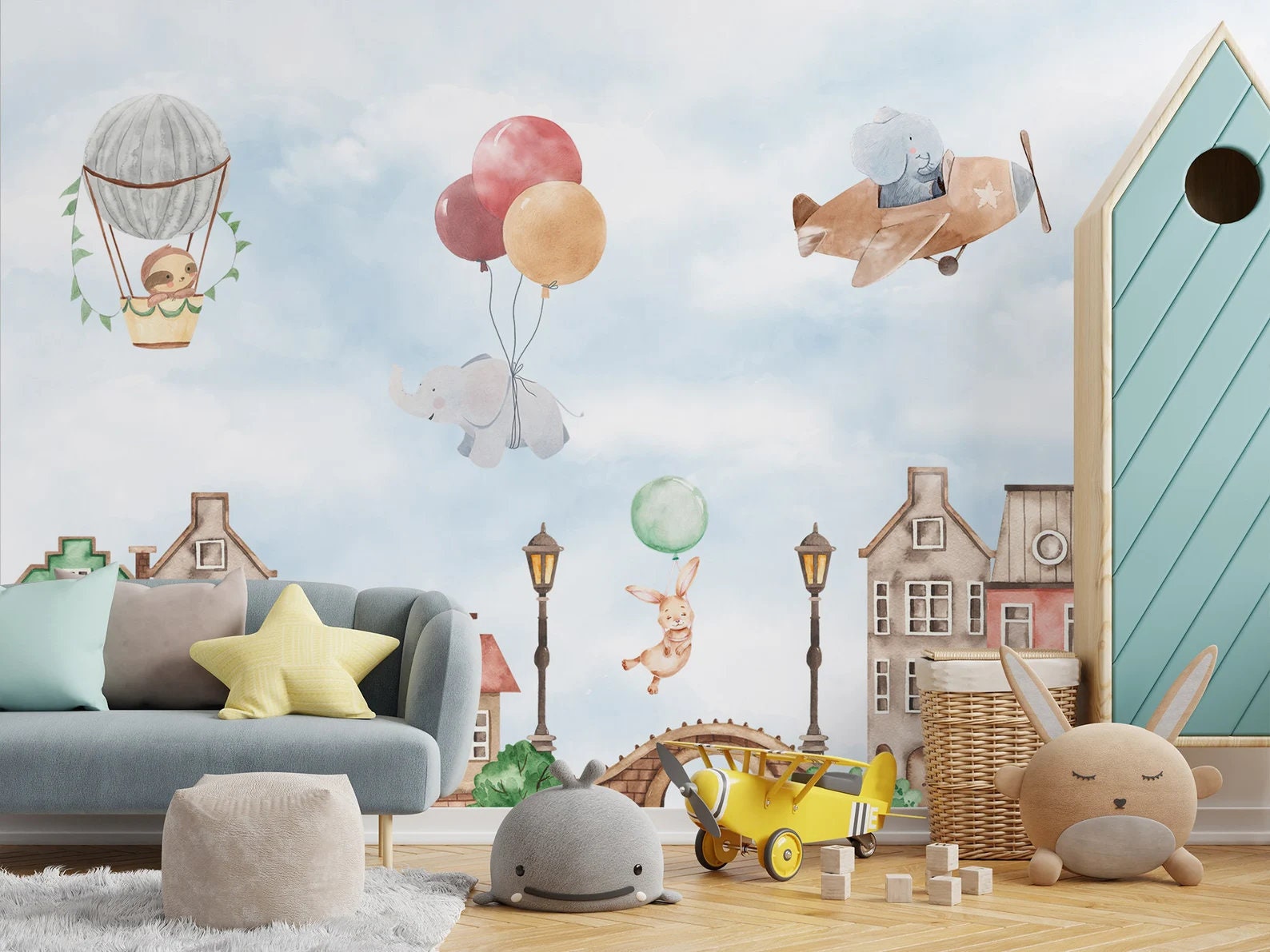 Kids Nursery Hot Air Balloon with Cartoon Animals Wallpaper Mural Wallpaper Wallmur #37 Kids Nursery Hot Air Balloon with Cartoon Animals Wallpaper Mural Wallpaper Wallmur