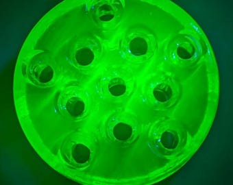 1930s Uranium Glass Flower Frog 11 Holes, Green Vaseline Depression Glass, Bright UV Glow Checkerboard centerpiece, Antique Pen Holder