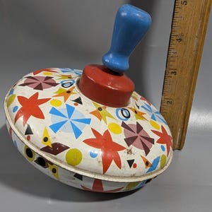 Vintage Ohio Art Tin Litho Spinning Top Colorful Designs Wooden Handle 1950s