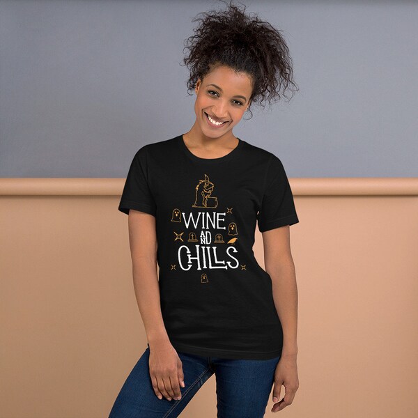 Wine and Chills Tee - Elegant Halloween Shirt for Wine Lovers, Perfect for Spooky Soirées and October Toasts