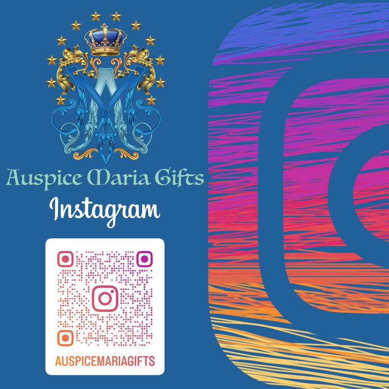 May include: A blue background with a gold and blue crest featuring a crown and stars. The text "Auspice Maria Gifts Instagram" is below the crest. A QR code with the text "AUSPICEMARIAGIFTS" is below the text. A colorful Instagram logo is on the right side of the image.