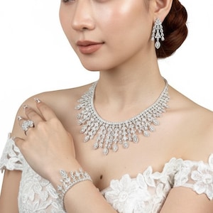 Bridal Crystal Jewelry Set - Statement Wedding Necklace, Earrings, Bracelet & Ring, Handmade Luxury Bride Accessories