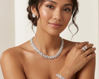 Luxe CZ-sieradenset met bloemen, verzilverde ketting, armband oorbellen ringset, elegante kristallen sieradenset