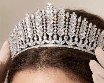 Swarovski zirkoon bruidskroon, stokbrood gesneden blad bruiloft tiara, luxe handgemaakte kroon