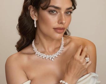 Bridal Jewelry Set – Luxury Zirconia Crystal Wedding Necklace, Earrings, Bracelet & Ring