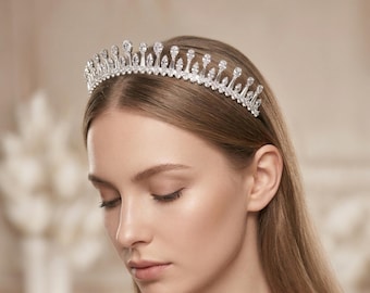 Elegante kristallen bruidstiara, zilveren zirkoon trouwkroon, flexibele zendspoel, handgemaakte luxe tiara