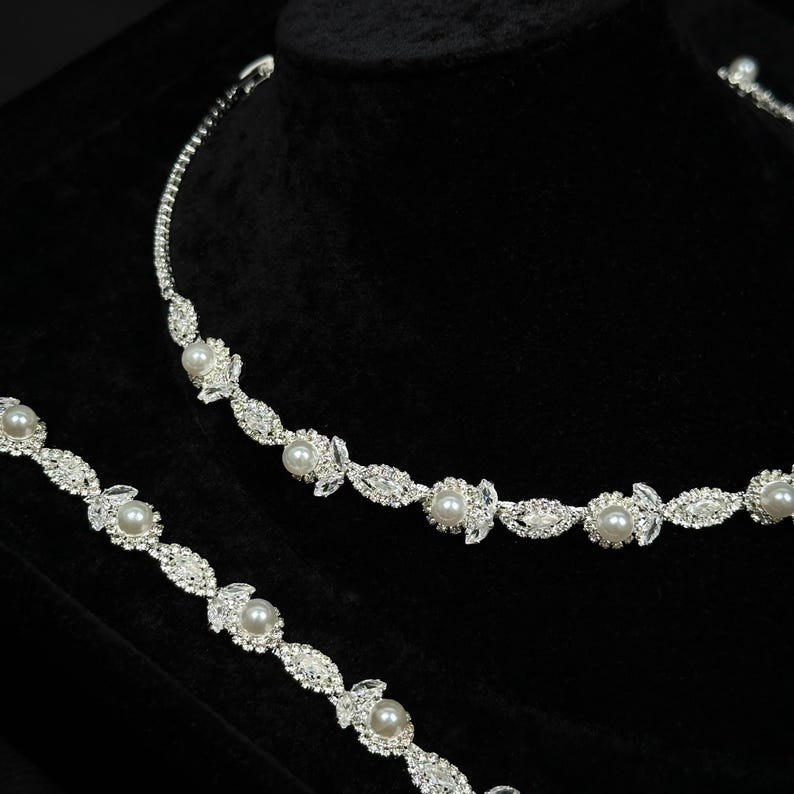 Wedding Jewelry Set – Pearl & Zircon Bridal Necklace, Earrings, Bracelet, Ring image 7