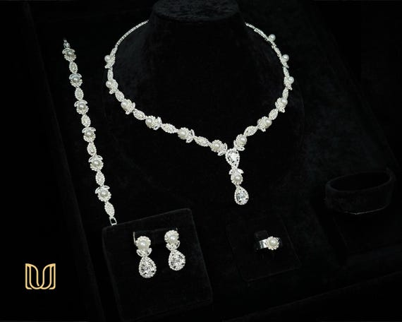 Wedding Jewelry Set – Pearl & Zircon Bridal Necklace, Earrings, Bracelet, Ring