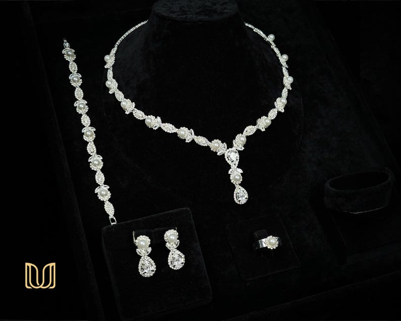 Wedding Jewelry Set – Pearl & Zircon Bridal Necklace, Earrings, Bracelet, Ring image 1