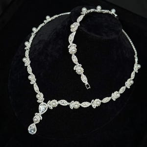 Wedding Jewelry Set – Pearl & Zircon Bridal Necklace, Earrings, Bracelet, Ring image 8