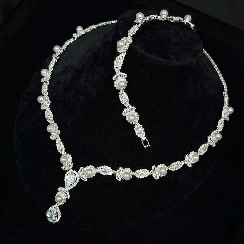 Wedding Jewelry Set – Pearl & Zircon Bridal Necklace, Earrings, Bracelet, Ring image 8