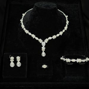 Wedding Jewelry Set – Pearl & Zircon Bridal Necklace, Earrings, Bracelet, Ring image 6