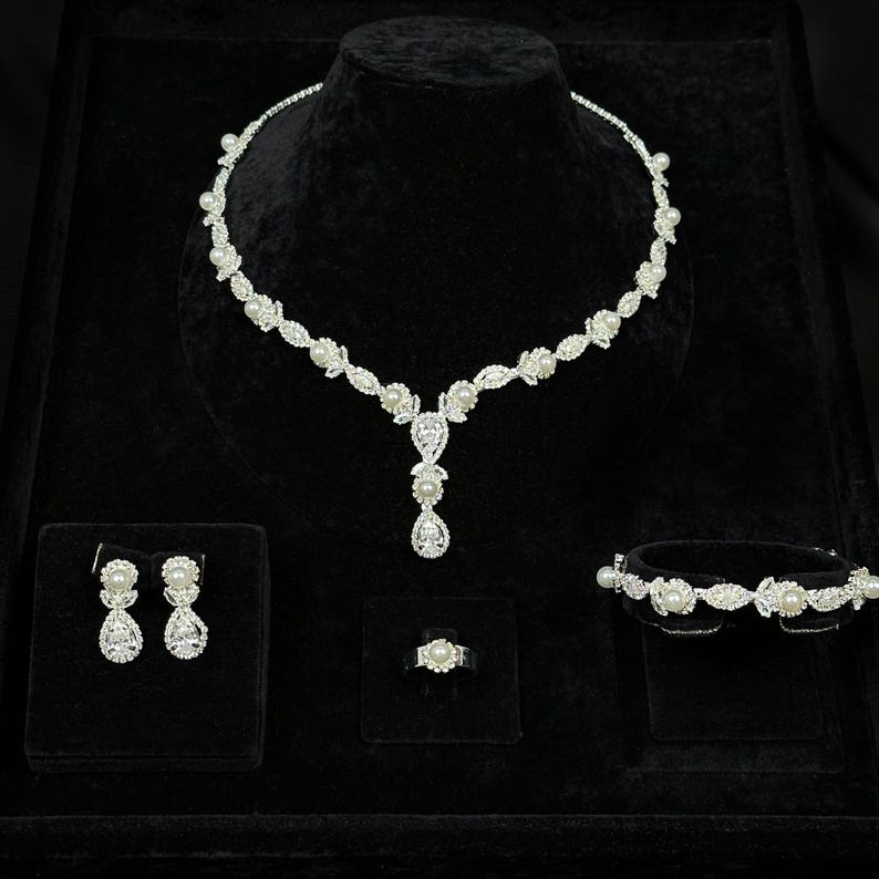 Wedding Jewelry Set – Pearl & Zircon Bridal Necklace, Earrings, Bracelet, Ring image 6