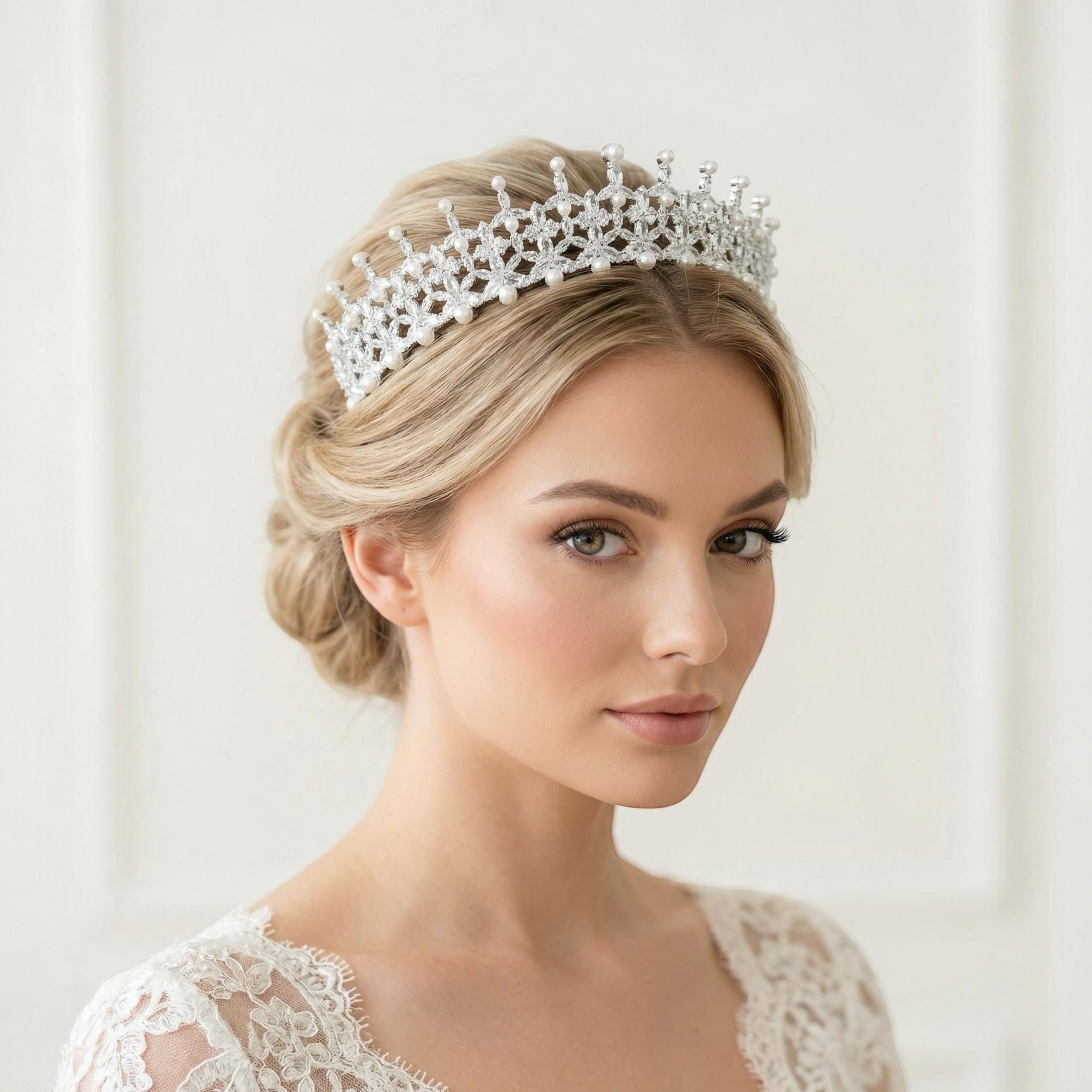 Pearl and Zircon Wedding Tiara - Luxury Handmade Bridal Crown