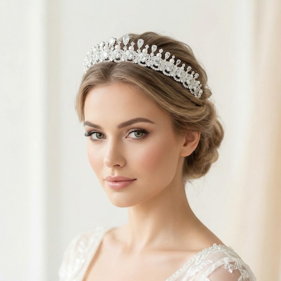 Elegant Zircon & Pearl Bridal Tiara | Classic Silver Rhodium Crown