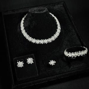 Swarovski Zircon Bridal Jewelry Set, Elegant Necklace, Earrings, Bracelet, and Ring, Handmade Sparkling Design for Brides.