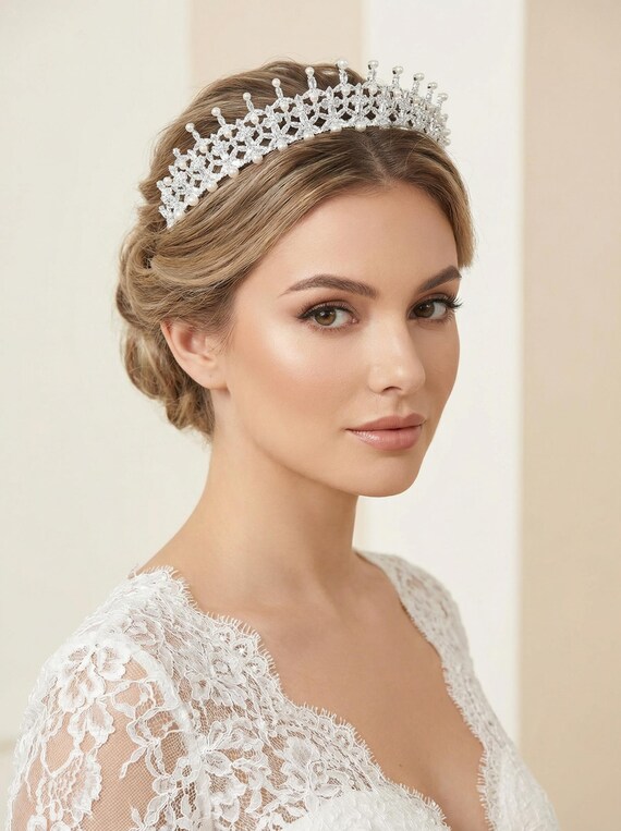 Pearl and Zircon Wedding Tiara - Luxury Handmade Bridal  display picture 1