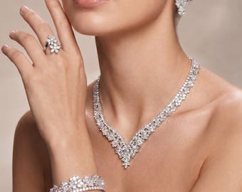 Luxury Bridal Jewelry Set, Water Drop Wedding Necklace Earrings Bracelet and Ring
