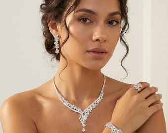 Luxus Blatt Braut Schmuck Set, Tropfen Zirkon Hochzeit Halskette Ohrringe Armband Ring