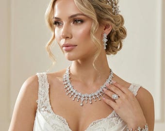 Zircon Water Drop Bridal Jewelry Set – Crystal Wedding Necklace, Earrings, Bracelet & Ring
