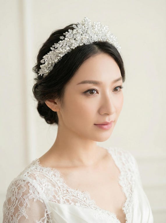 Luxury Pearl Crystal Bridal Tiara Headband For Bride, Wedding Crystal and Pearl Bridal Tiara RANIER Tiara EDEN LUXE Bridal main image 3