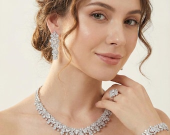 Luxury Bridal Jewelry Set with Cz Diamond, Water Drop Floral Necklace, Earrings, Bracelet & Ring