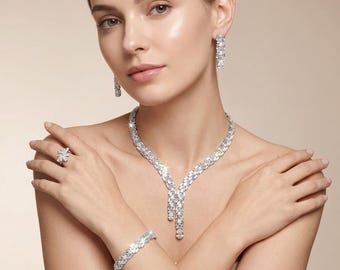 Luxe stokbrood zirkoon bruidssieradenset, zilveren bruiloft ketting oorbellen armband ring