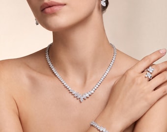Conjunto de joyas de lujo con circonitas cúbicas, conjunto de collar de cristal marquesa, conjunto de joyas de boda, collar, pendientes, pulsera y anillo de novia.