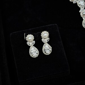 Wedding Jewelry Set – Pearl & Zircon Bridal Necklace, Earrings, Bracelet, Ring image 4