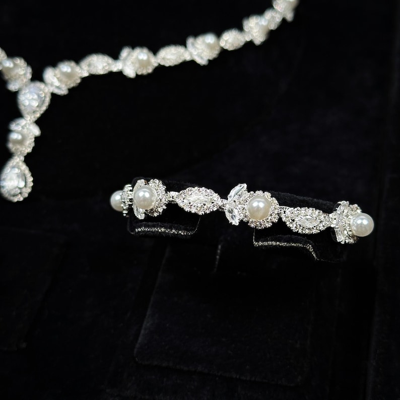 Wedding Jewelry Set – Pearl & Zircon Bridal Necklace, Earrings, Bracelet, Ring image 3