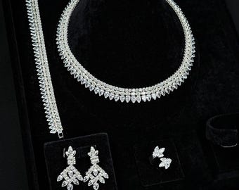 Swarovski Zirconia Bridal jewelry set. Crystal Necklace Set, Wedding Earrings For Brides, Silver Wedding Jewelry, Statement Bridal Necklace.