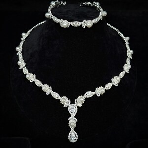 Wedding Jewelry Set – Pearl & Zircon Bridal Necklace, Earrings, Bracelet, Ring image 2