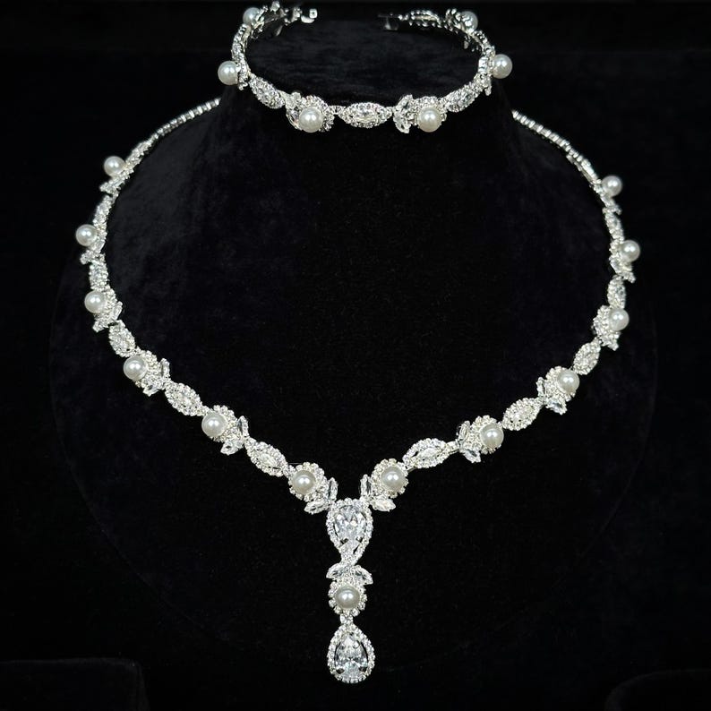 Wedding Jewelry Set – Pearl & Zircon Bridal Necklace, Earrings, Bracelet, Ring image 2