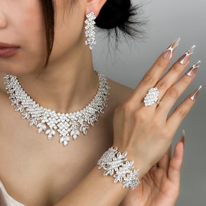 Statement Wedding Jewelry Set for Brides , Luxury Leaf Design Necklace, Cuff Bracelet, Dangle Earrings & Sparkling Cocktail Ring