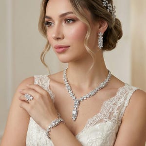 Elegant Zirconia Bridal Jewelry Set - Silver Necklace, Bracelet, Earrings & Ring, Handmade Wedding Jewelry