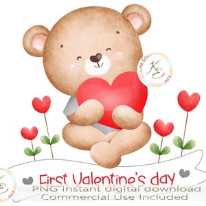 Primo San Valentino PNG per un bambino, simpatico orsacchiotto con cuori, sublimazione, 1 ° San Valentino, San Valentino SVG, download, stampa