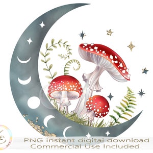 Cottagecore Mushroom PNG, Fasi lunari e funghi, Magical Celestial Fungi, Download, Sublimazione, Goblincore PNG estetico, luna PNG,